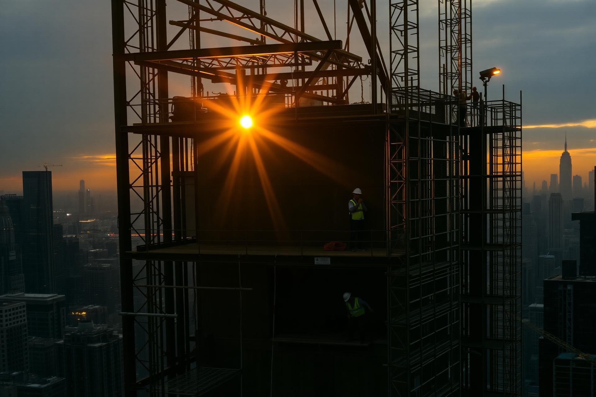 NYC construction site at sunset